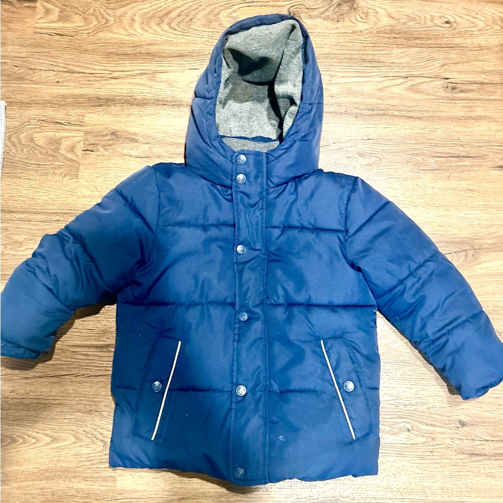 Mini Boden Blue Puffer Ski Jacket with Green Accents Sz 5-6 years